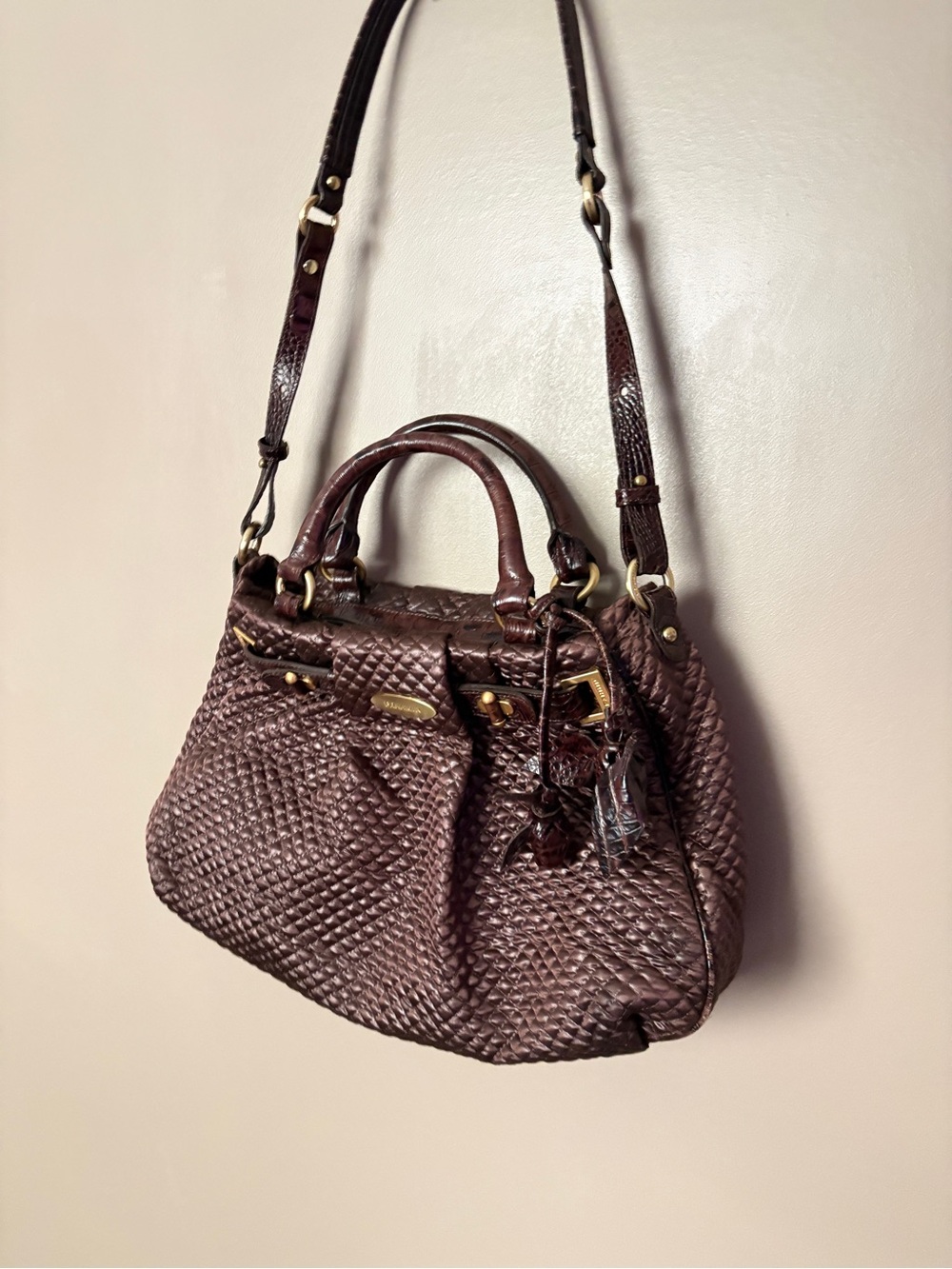 Brahmin metallic bronze woven leather quilted satchel purse designer EUC Rare